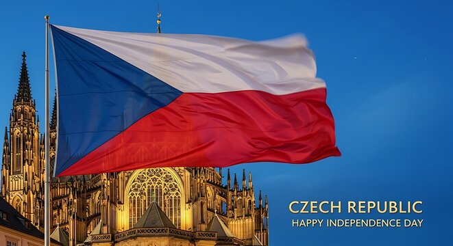 Czech Republic Independence Day: Flag Waving Over Illuminated Cathedral