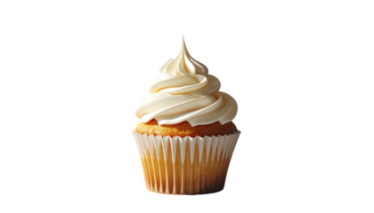 Single cupcake with a generous swirl of white frosting atop a light yellow cake