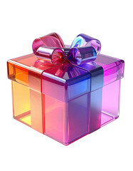 A vibrant, glossy gift box with a colorful ribbon