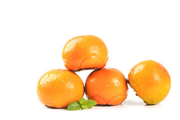 Fresh Ripe Persimmons with Water Droplets on White Background