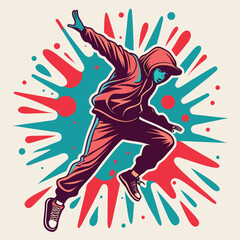 Vector art of a dynamic illustration of a breakdancer in midair, captured with vibrant colors and an abstract splash background