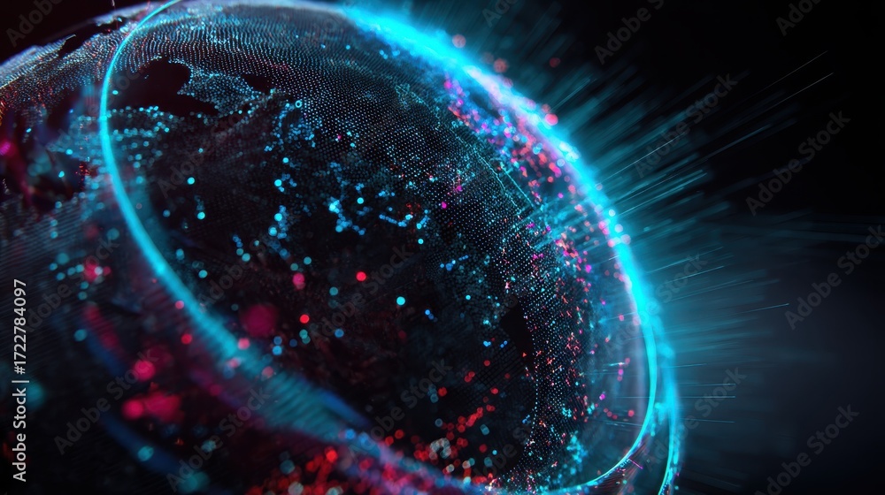 Poster stunning close-up of a digital globe with vibrant lights and data patterns, representing a connected