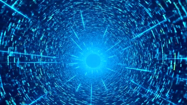 Abstract blue digital tunnel video with futuristic data stream effect and speed