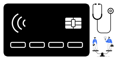 Credit card, stethoscope, and figures balancing scales symbolize technology, health, and equality. Ideal for finance, medicine, career wellness digital services equity minimalism. Simple flat