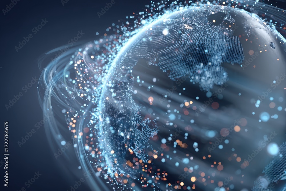 Poster a mesmerizing digital representation of a glowing planet surrounded by vibrant cosmic particles and 