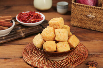 Delicious Golden Fried Tofu Cubes Traditional Asian Cooking Northeastern Dishes Vegetarian Protein Food