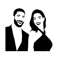 Black and White Vector Illustration of a Couple Man and Woman in Minimalistic Clean Line Art Style