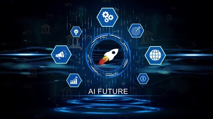 Futuristic A I technology concept with rocket launch and business icons representing innovation growth global reach and financial success on a digital world map background - Powered by Adobe