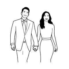 Black and White Vector Illustration of a Couple Man and Woman in Minimalistic Clean Line Art Style