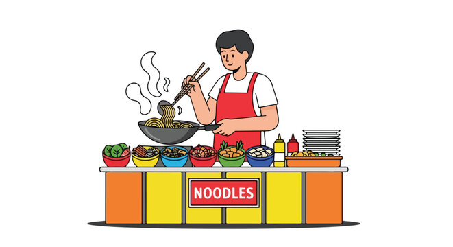 Cartoon illustration of a street food vendor preparing and serving noodles with a variety of toppings for quick service dining experience