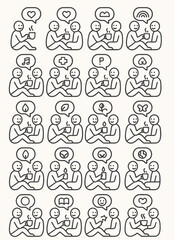 Set of charming line art illustrations depicting diverse moments of connection and shared experiences between two stylized figures, fostering a sense of community and emotional well-being