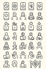 Collection of outline icons depicting digital wellness, modern lifestyle, mental health, and technology habits