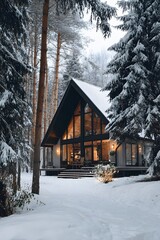 A cozy A frame house in the woods during the winter season with snow all around it