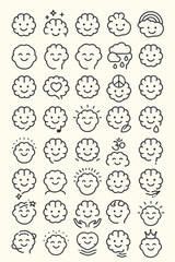 Collection of simple line art brain icons depicting various mental states, thoughts, emotions, and concepts related to intellect, creativity, and well-being
