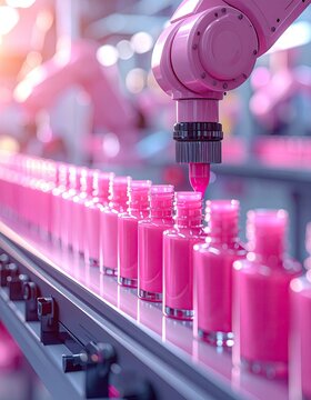 Pink robot arm filling pink nail polish bottles on a conveyor belt