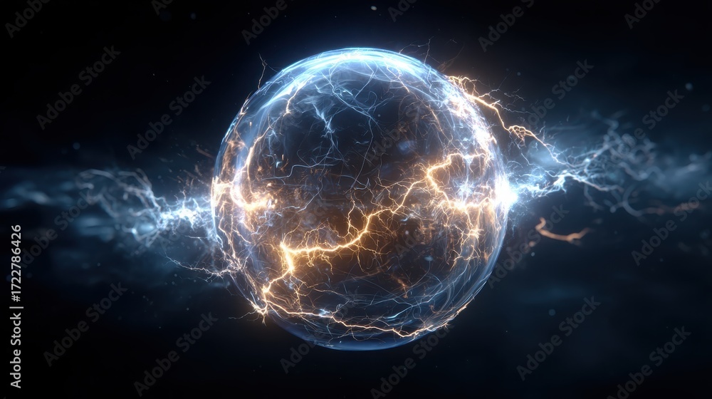 Poster a dynamic representation of a glowing energy sphere, illustrating concepts of electricity and motion