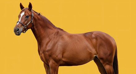 A majestic brown horse with a white blaze on its face, standing in profile against a solid, vibrant yellow background.