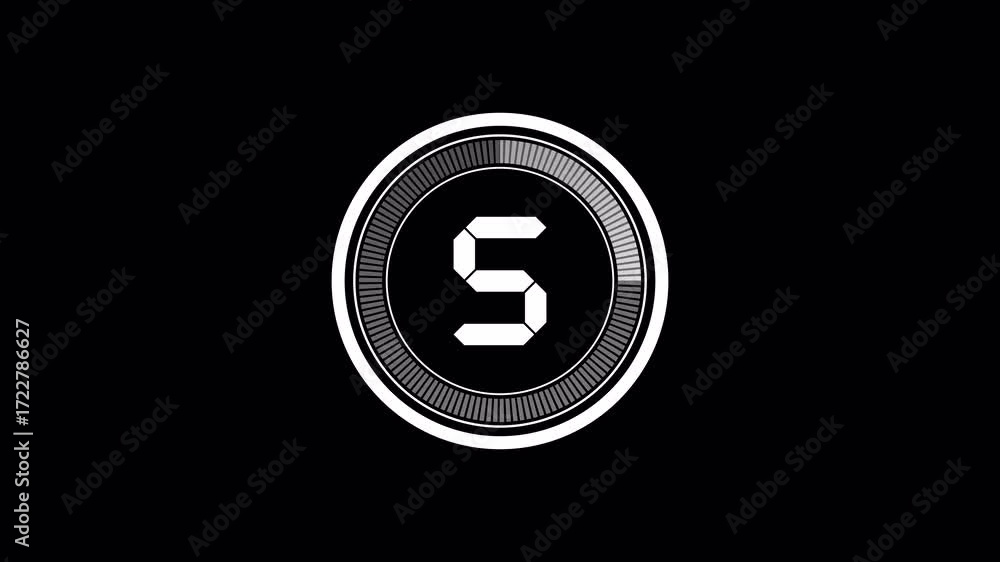 Poster circle countdown timer 5 seconds animation, digital circular countdown from 5 to 0 on transparent ba