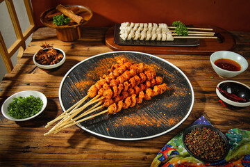 Spicy Chinese BBQ Meat Skewers Shaanxi Style Grilled Specialties with Traditional Seasonings and Sauces Closeup Food Photography