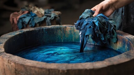 Dyeing fabric in wooden basin