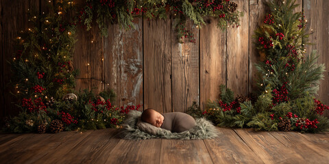 Holiday newborn photography backdrop with rustic wooden floor and wall, pine branches, pinecones, red berries, candy canes, golden fairy lights, cozy studio scene