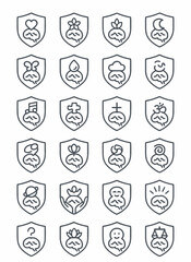 Collection of various shields with different abstract icons, used as a symbol of security and protection