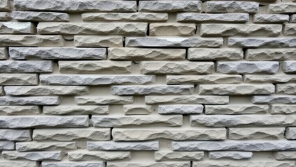 Obraz premium A detailed view of a light gray and beige stone wall, showcasing a uniform and textured pattern of rectangular blocks.