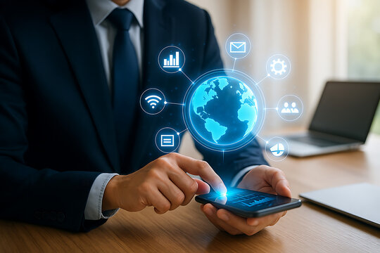 Businessman using a smartphone with a holographic globe and business icons, symbolizing global network and commerce.