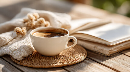 A peaceful morning routine with coffee, a journal, and sunlight, symbolizing self-care, mindfulness, and daily habits that nurture a happy life.