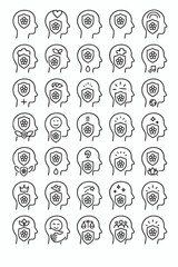 Linear icons depicting mental health, emotional well-being, and mind protection. Set symbolizing psychological security, inner thoughts, and personal resilience