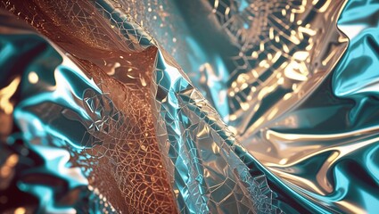 Abstract background with folds of shiny, textured gold, blue, and silver fabric design.