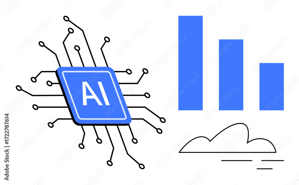 Poster ai chip with circuit connections, blue bar chart, and cloud. ideal for technology, ai, innovation, d
