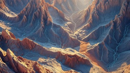 Aerial view of a canyon landscape with a network of waterways carved into the terrain