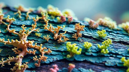 Close-up of lichen and fungi growing on weathered bark, showcasing diverse colors and textures