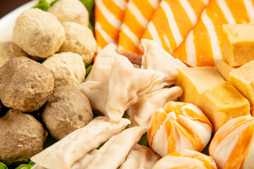 Fresh Hot Pot Ingredients with Enoki Mushrooms and Authentic Asian Stew Elements