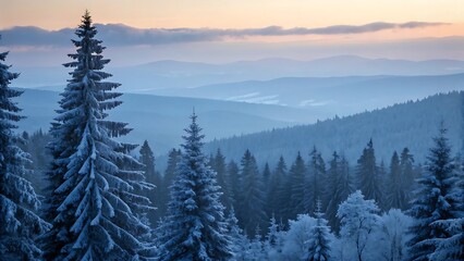 Fototapeta premium Sunrise over misty mountains with sun rising behind horizon casting warm hues across layers mountain peaks valleys serene peaceful scene capturing beauty nature dawn