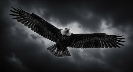 Majestic bald eagle soars powerfully through dramatic stormy skies