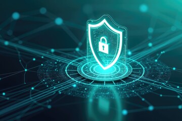 Glowing shield with padlock on a digital network background representing cyber security measures