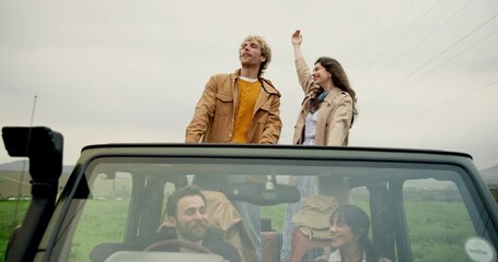 Road trip, travel and couple of friends with freedom, laugh or excited for holiday adventure outdoor. Drive, man and woman in truck for vacation, talk and funny joke on journey together in transport