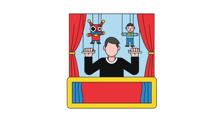 Fototapeta premium Whimsical puppet show stage featuring a puppeteer and two endearing characters ready for a captivating performance
