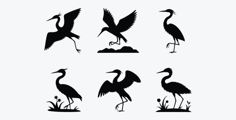 Fototapeta premium Elegant heron silhouette collection flying and standing on the ground