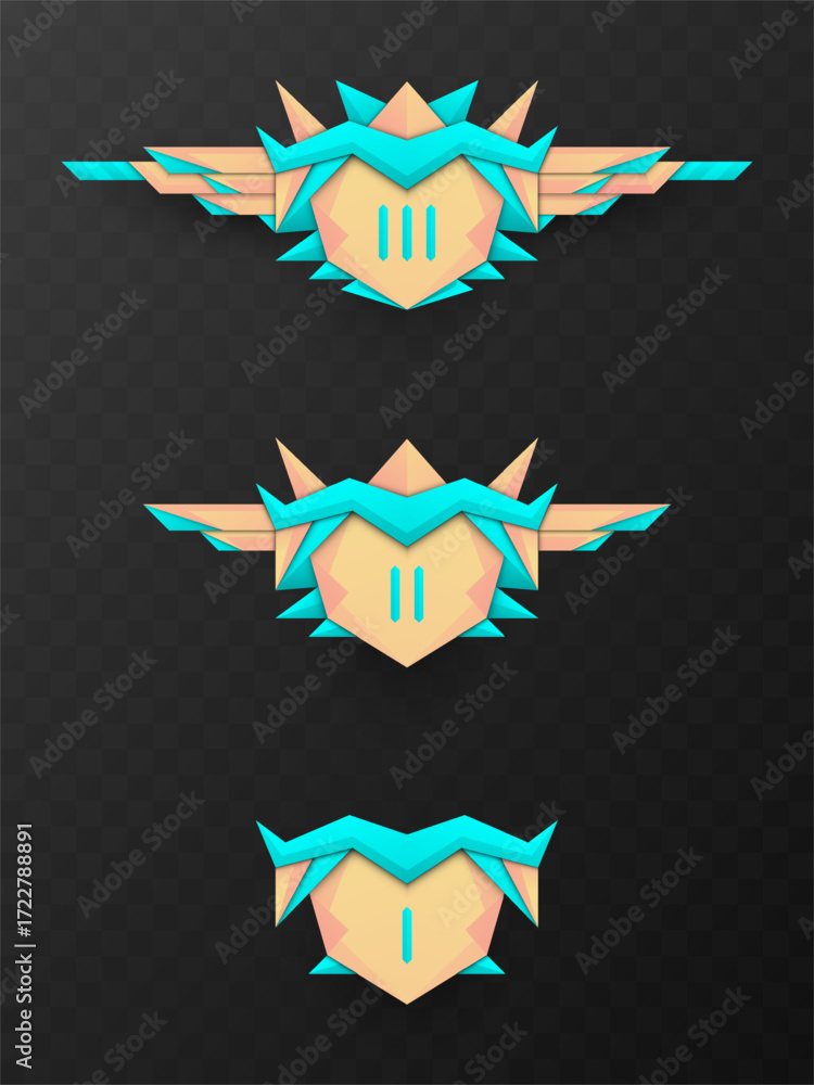 Poster game level badge set in peach and aqua blue, fantasy game ui design elements for gamers