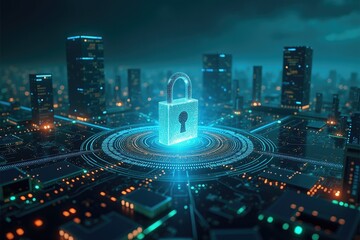 Glowing padlock over a futuristic city with circuit patterns and tall buildings in a digital landscape