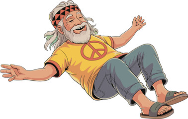 Happy hippie old man cartoon, retro vintage character smiling, peace sign lifestyle illustration, colorful joyful senior drawing, cad drawing flat vector illustration