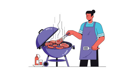 Grilling expertise: Man skillfully grilling steaks, creating an enticing outdoor barbecue atmosphere for culinary delights and shared moments outdoors