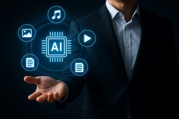 Conceptual image of a professional managing artificial intelligence and media with a futuristic interface.