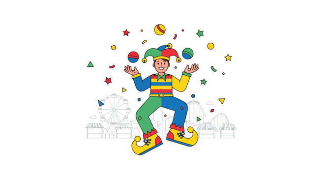 Whimsical carnival performer juggling colorful spheres amidst festive shapes and amusement park backdrop, a playful scene conveying joy and