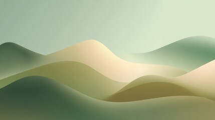 Abstract landscape of rolling hills in muted greens and beige tones, conveying a sense of calm and serenity with soft, blurred gradients