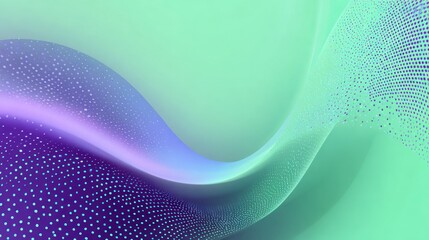 Abstract artwork featuring a flowing, wave-like design with a gradient of pastel mint green and purple hues, punctuated by subtle pixelated details