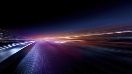Abstract depiction of a highway at night, showcasing vibrant streaks of light suggesting high speed, a horizon with a warm glow, and dark surroundings creating a sense of movement and journey